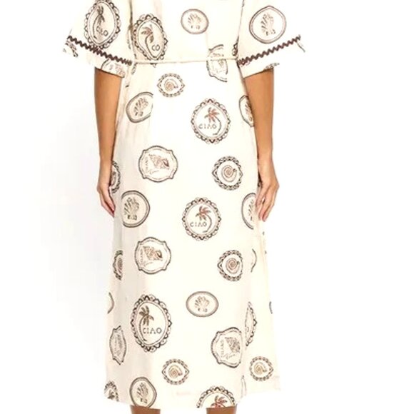 WOMENS SHORT SLEEVE MIDI DRESS LINEN AND POLETER BUTTON DOWN CIRCLE PRINT DRESS - Picture 4 of 6